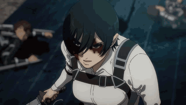 a female anime character with black hair and a white shirt