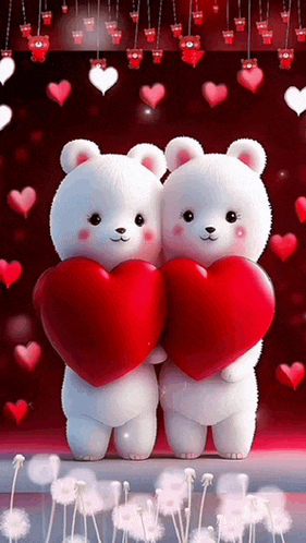 two teddy bears are hugging each other and holding red hearts in their hands .