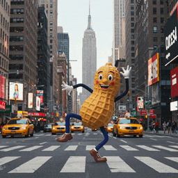 a peanut mascot is crossing a street in front of the empire state building