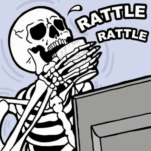 a cartoon of a skeleton eating a sandwich with the words rattle rattle behind it