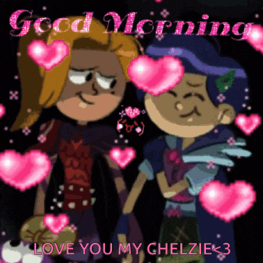 a couple of cartoon characters with pink hearts and the words good morning love you my chlzie < 3