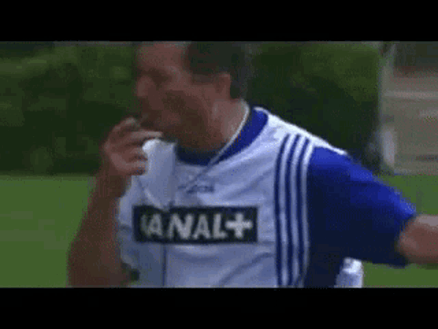 a man in a blue and white shirt with the word anal on it
