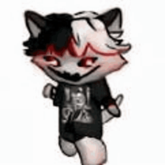 a black and white cat is wearing a black shirt and shorts and smiling .