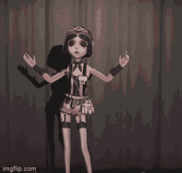 a cartoon character is standing in front of a curtain with her arms outstretched