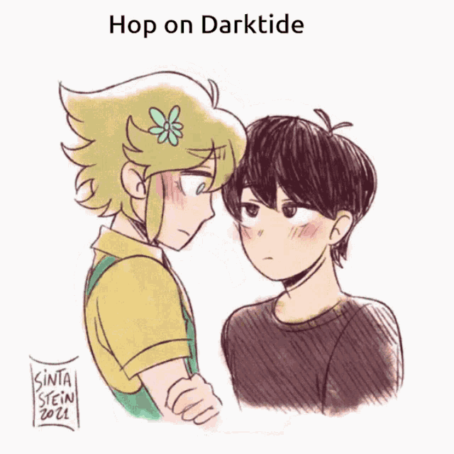 a drawing of a boy with a flower in his hair and the words hop on darktide above them