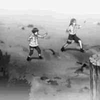 a black and white photo of two people standing on a cliff .