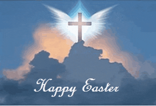 a picture of a cross with wings and the words happy easter below it