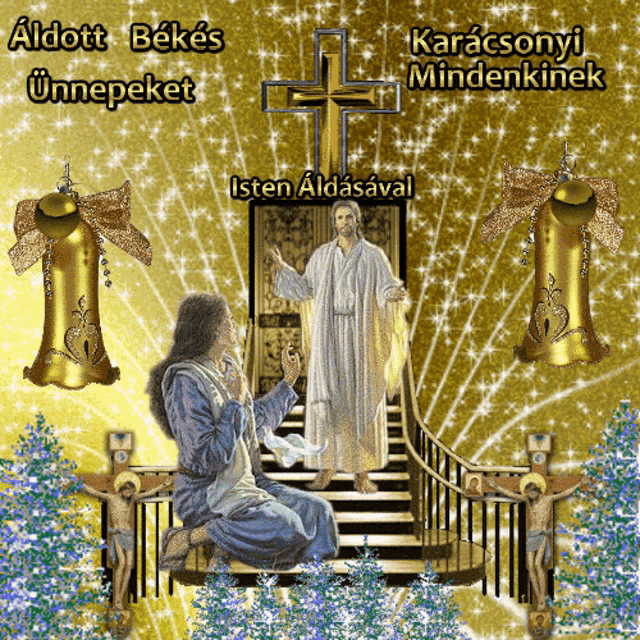 a christmas greeting card with a picture of jesus and the words aldott bekes unnepeket karacsonyi mindenkinek