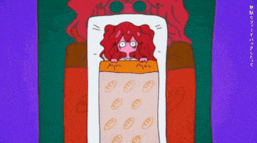 a cartoon drawing of a girl with red hair laying in a bed with a blanket with a pattern of bread on it