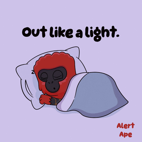 a cartoon of a gorilla sleeping with the words out like a light alert ape