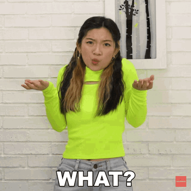 a woman in a neon green shirt is asking the question what