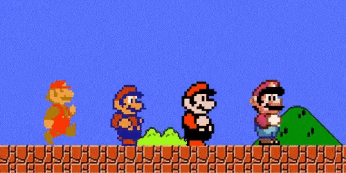 a group of mario characters standing next to each other on a blue background