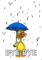 a cartoon duck is holding an umbrella in the rain and saying `` bye bye '' .