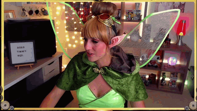 a woman in a tinkerbell costume has a sign in the background that says boss timmy # 121