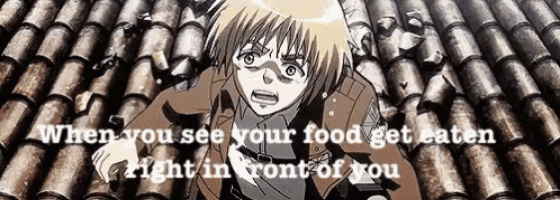 a cartoon character is standing on a tiled roof with the words when you see your food get eaten right in front of you