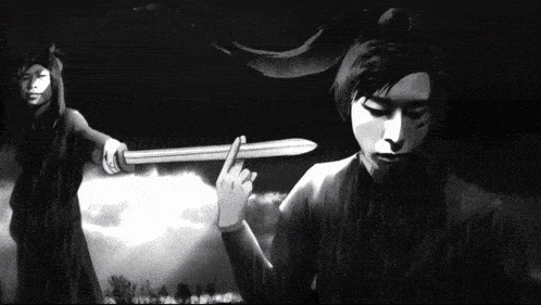 a black and white image of a man holding a sword