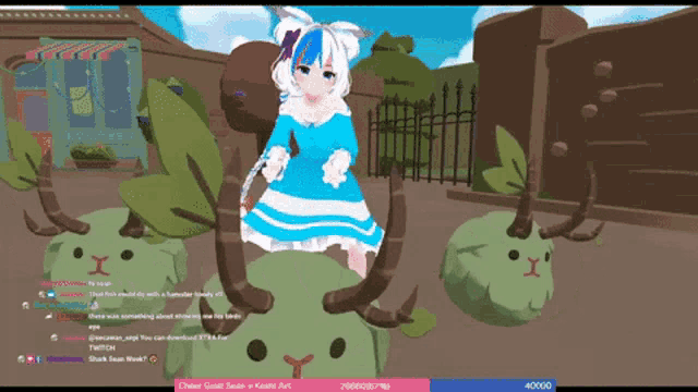 a girl in a blue and white dress is standing in front of a fence in a video game