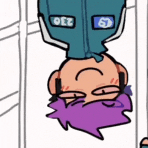 a cartoon character with purple hair is hanging upside down from a wall .