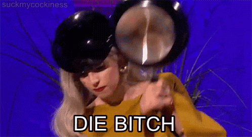 a woman in a yellow shirt is holding a frying pan in her hand and says die bitch
