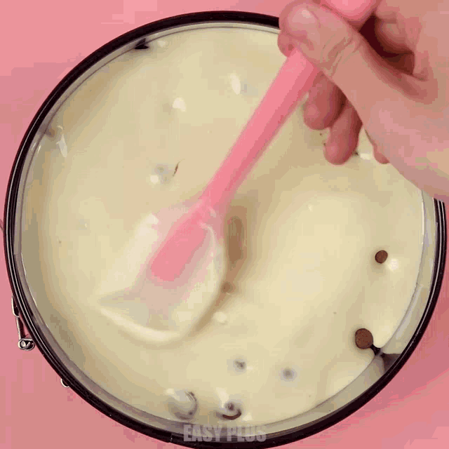 a person holding a pink spatula over a bowl of food with easy plus written on the bottom