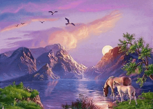 a painting of horses drinking water from a lake in the mountains .