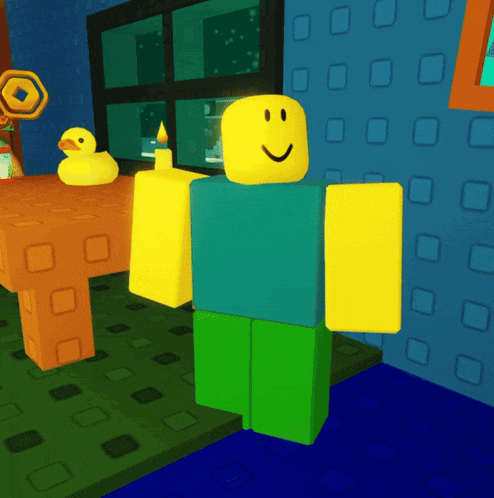 a roblox character stands in front of a table with a yellow rubber duck on it