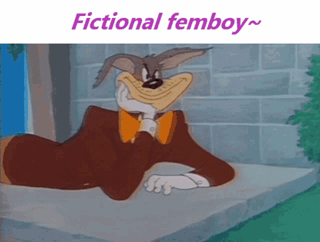 a picture of a cartoon character with the words fictional femboy below him