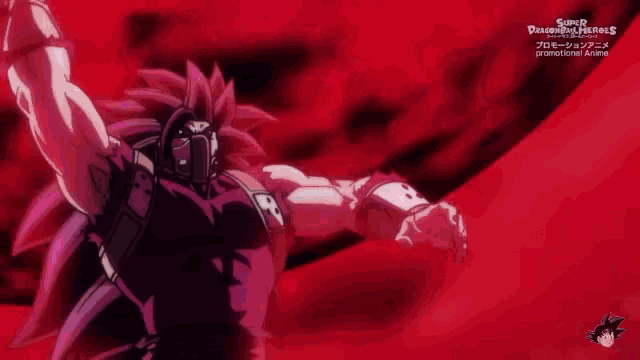a man with a mask on his face is standing in front of a red background in a cartoon .