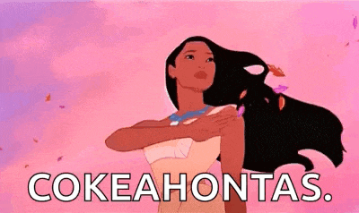 a cartoon of pocahontas with her hair blowing in the wind and the words `` cokeahontas '' below her .