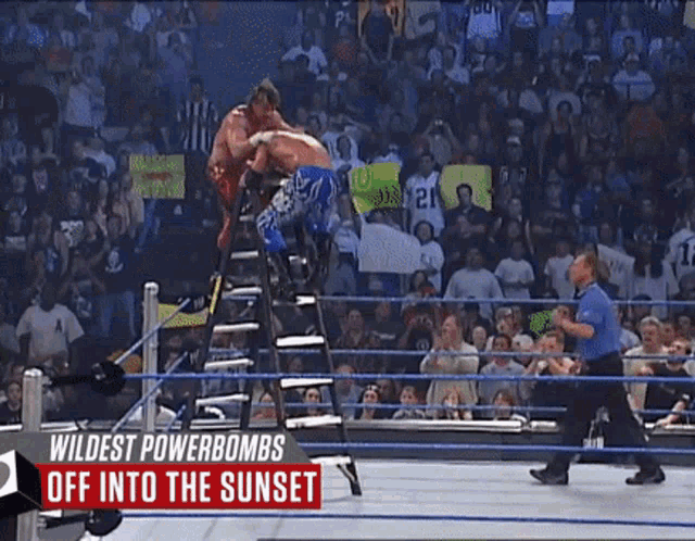 a wrestling match with the words wildest powerbombs off into the sunset at the top