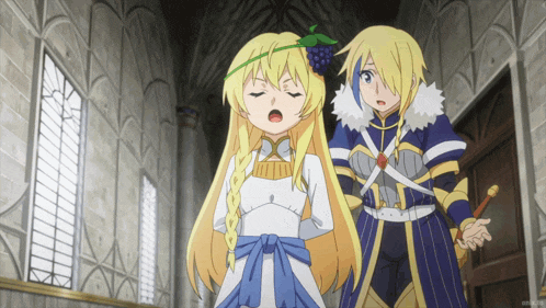 a girl with a grape in her hair stands next to a man