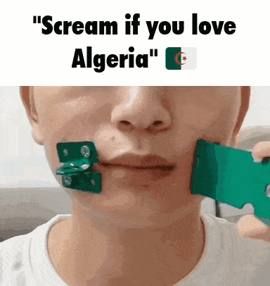 a person is holding a green object in their mouth with the words " scream if you love algeria "
