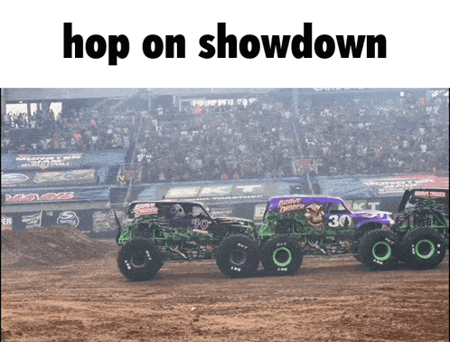 two monster trucks are racing on a dirt track with the caption hop on showdown