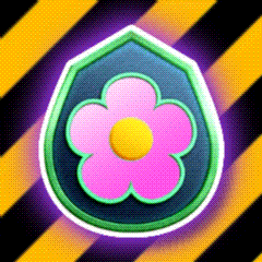 a green shield with a pink flower and a yellow center on a yellow and black striped background .