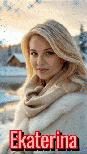 a woman in a fur coat with the name ekaterina on the bottom