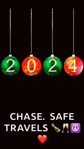 a happy new year chase safe travels sign with christmas ornaments