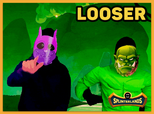 a poster for splinterlands shows a man in a purple mask and an orc in a green shirt