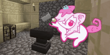 a pink and white cartoon character is holding a knife in a room in a video game .