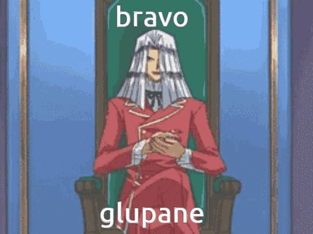 a man with a wig on his head is sitting in a chair with the words bravo glupane behind him