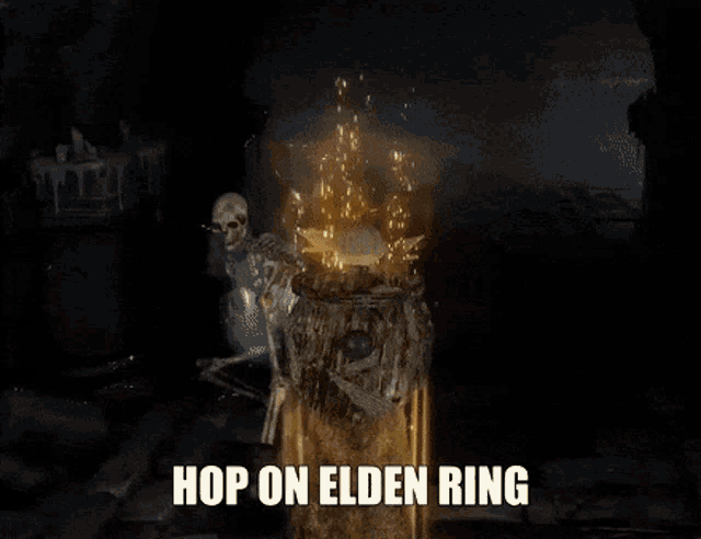 a video game scene with the words hop on elden ring above it