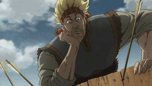 a man with a beard is leaning over a wooden fence with arrows coming out of it