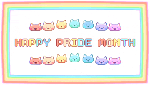 a happy pride month greeting card with rainbow border and cats