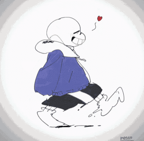 a drawing of sans running with a red heart above him