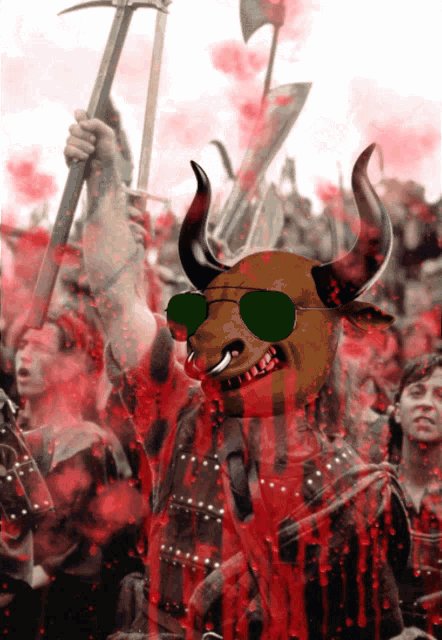 a bull wearing sunglasses is surrounded by blood covered men