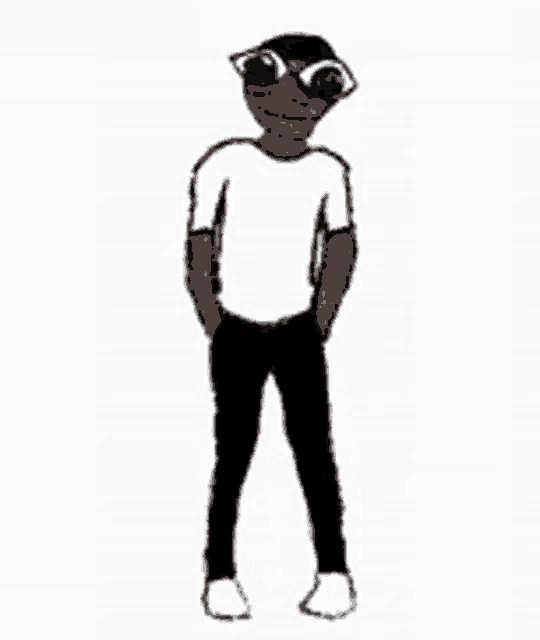 a cartoon of a man wearing a white shirt and black pants standing with his hands in his pockets .
