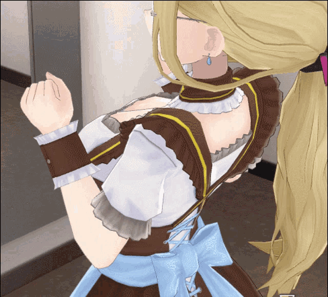 a girl with blonde hair is wearing a brown and white dress with a blue bow