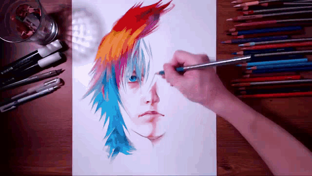 a drawing of a person 's face with colored pencils