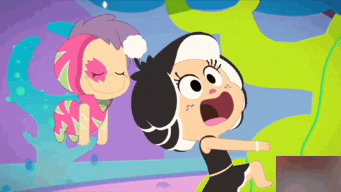 two cartoon characters are standing next to each other and one of them has a surprised expression on her face