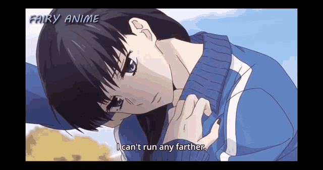 a girl in a blue sweater says " i can n't run any farther "