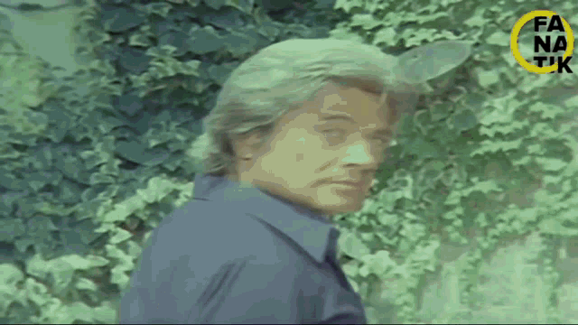 a man with gray hair and a blue shirt is standing in front of a ivy covered wall .